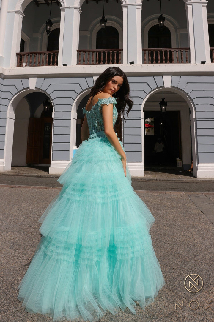 Nox Anabel E1293 Ruffled Tulle Layered Off Shoulder Dress