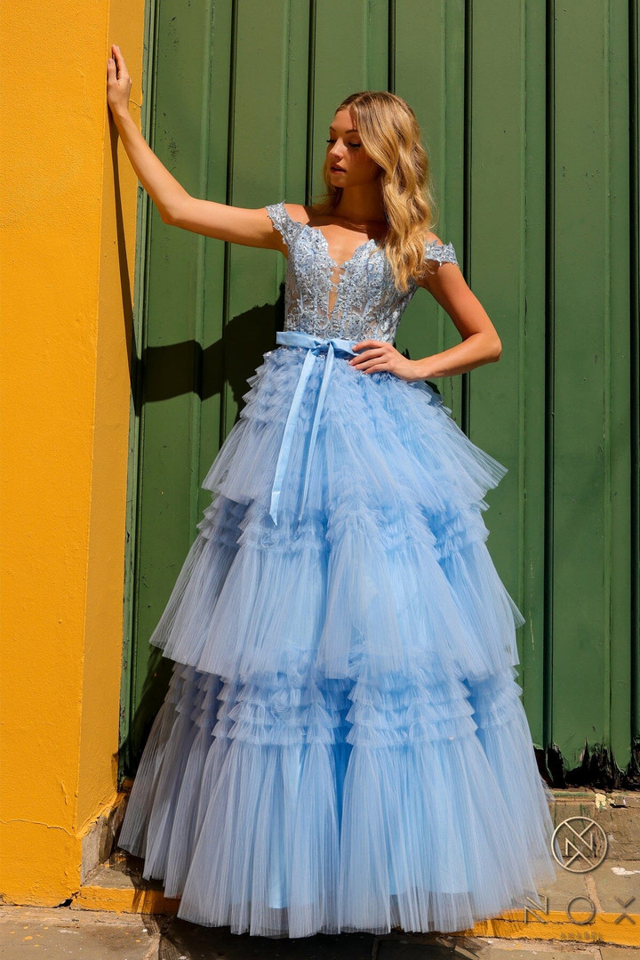 Nox Anabel E1293 Ruffled Tulle Layered Off Shoulder Dress