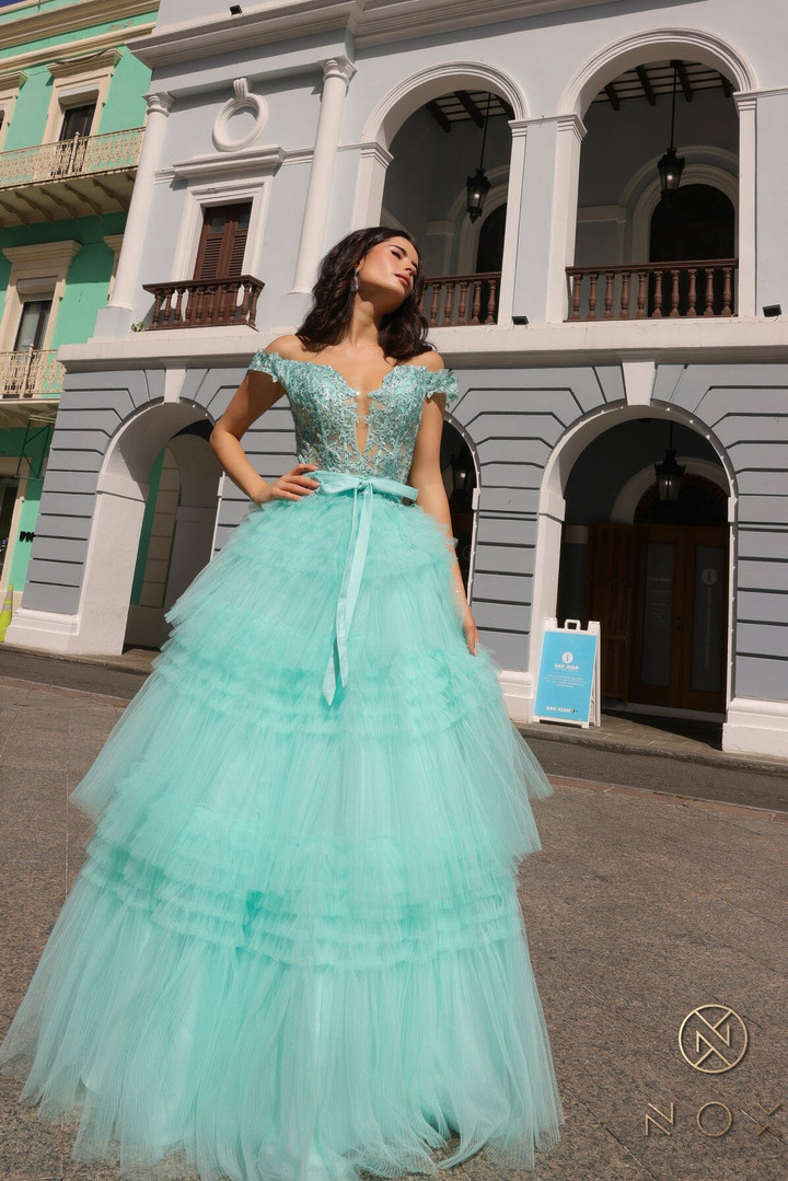 Nox Anabel E1293 Ruffled Tulle Layered Off Shoulder Dress