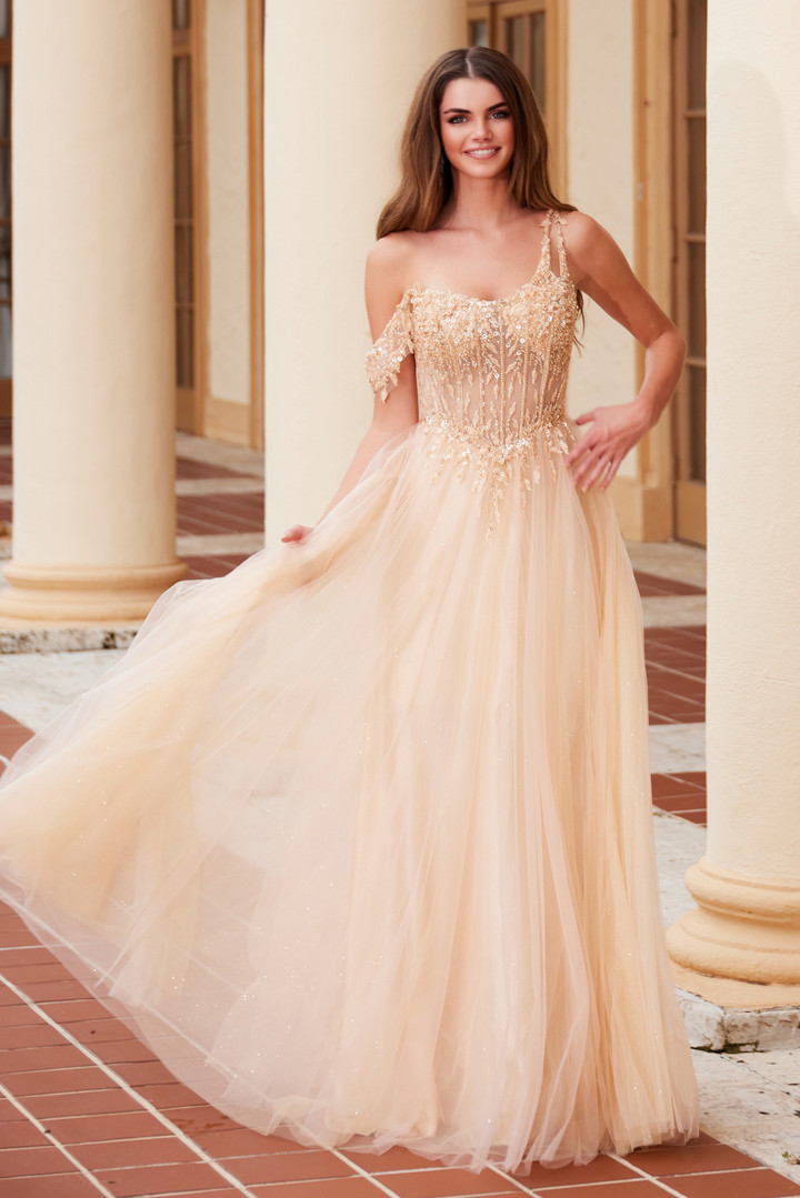 Nox Anabel F1567 Embroidered Sheer Boned Waist Prom Dress