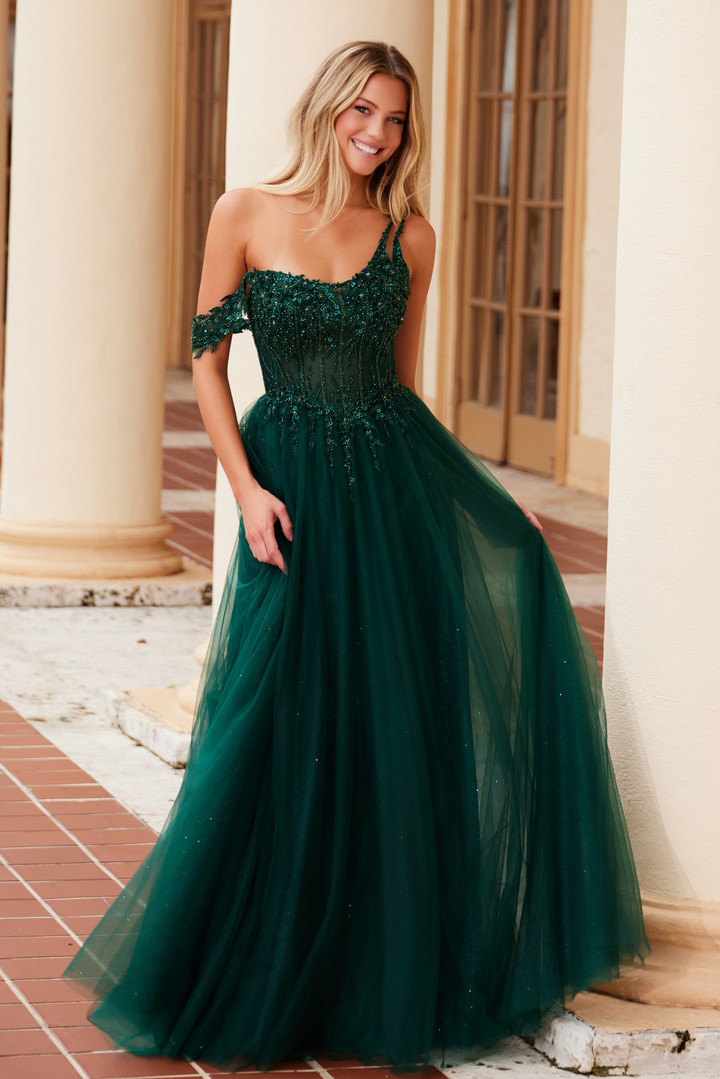 Nox Anabel F1567 Embroidered Sheer Boned Waist Prom Dress