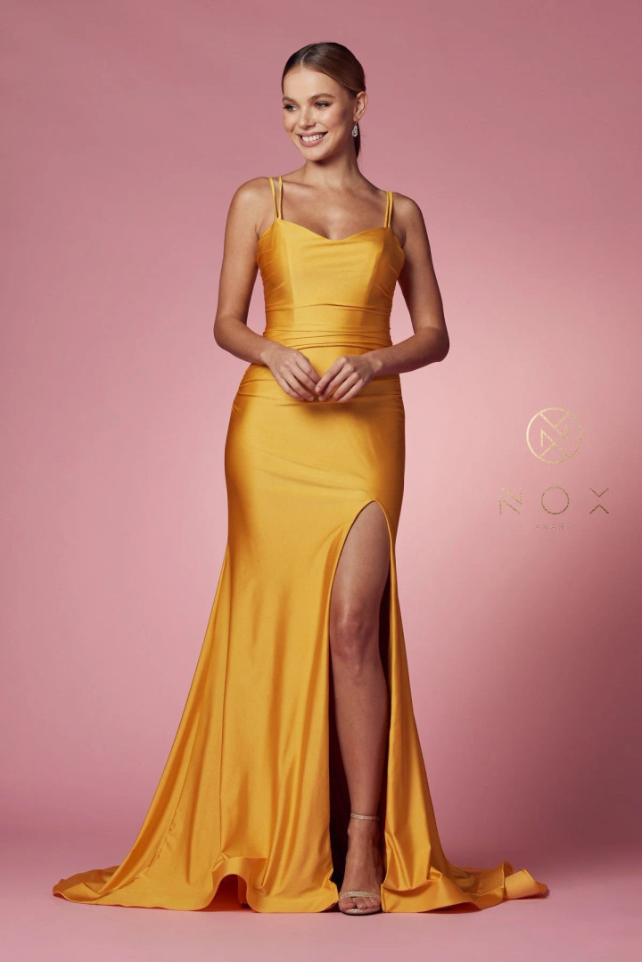 Nox Anabel T481 Satin Scoop Neck Spaghetti Straps Prom Gown