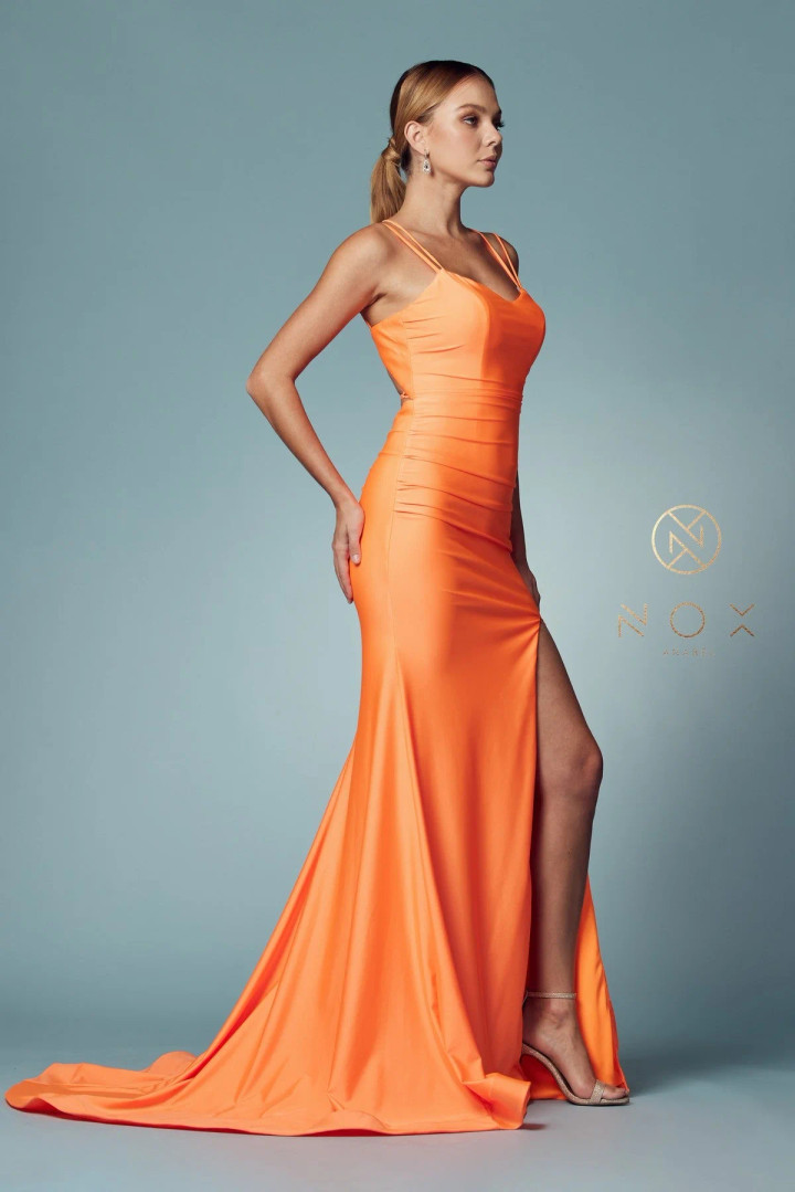 Nox Anabel T481 Satin Scoop Neck Spaghetti Straps Prom Gown