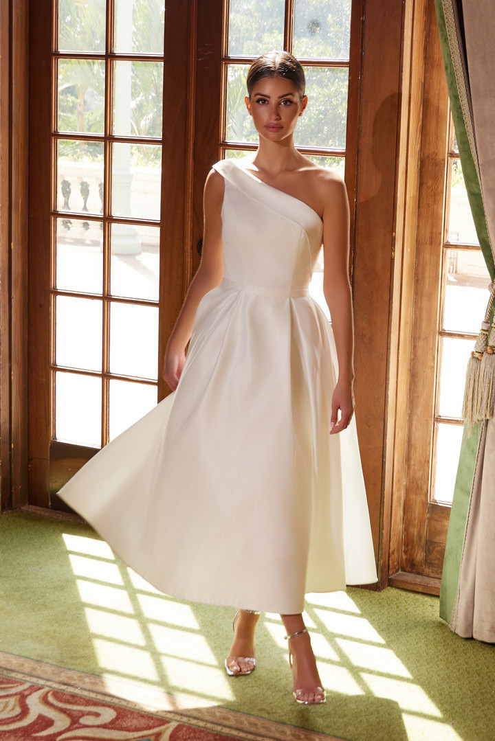 Nox Anabel JE931 Shiny Satin One-Shoulder Tea-Length Dress