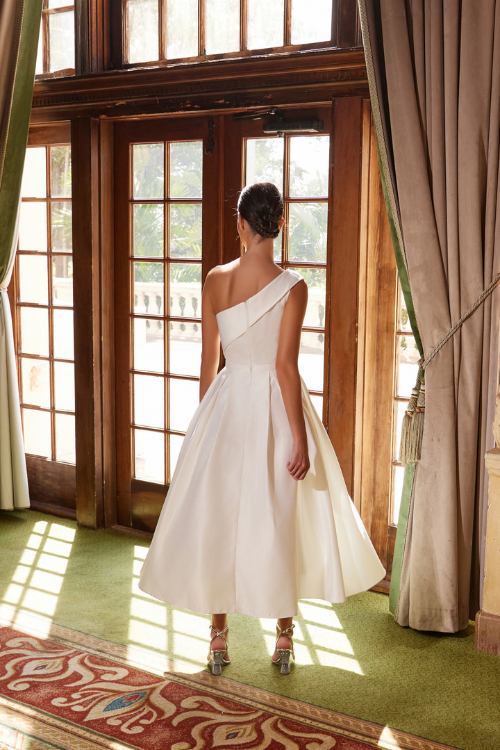 Nox Anabel JE931 Shiny Satin One-Shoulder Tea-Length Dress