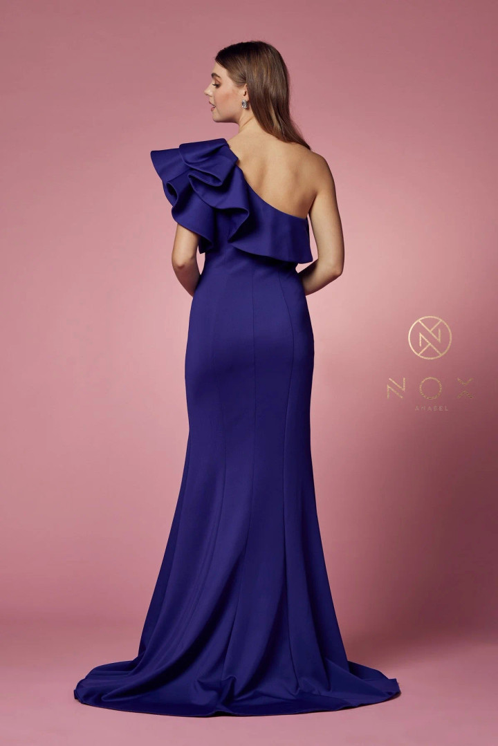 Nox Anabel E467 One Shoulder Ruffle Overlay Fitted Gown