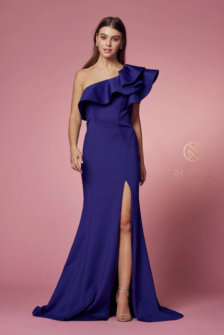 Nox Anabel E467 One Shoulder Ruffle Overlay Fitted Gown