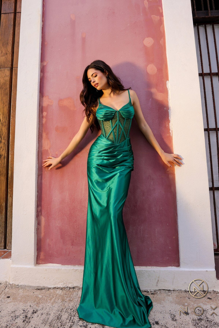 Nox Anabel E1292 Beaded Satin Sheer Corset V-neckline Gown