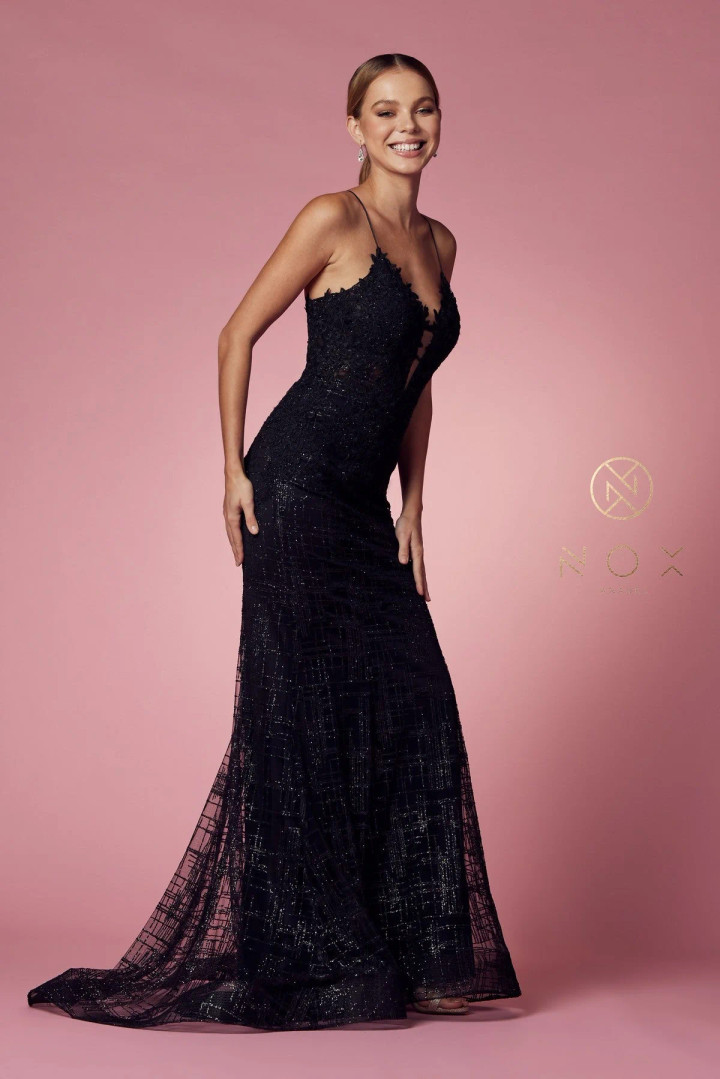 Nox Anabel R282-1 Glitter V-neck Sleeveless Trumpet Dress