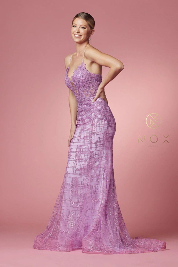 Nox Anabel R282-1 Glitter V-neck Sleeveless Trumpet Dress