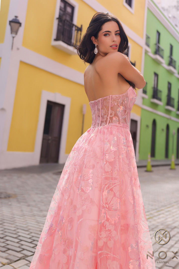 Nox Anabel T1332 Floral Embroidered Sheer Bone Corset Dress