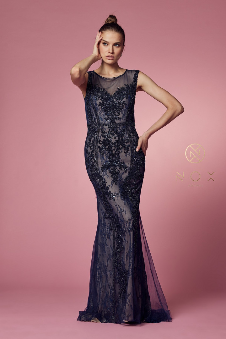 Nox Anabel E1006 Floral Illusion Neckline Sleeveless Gown