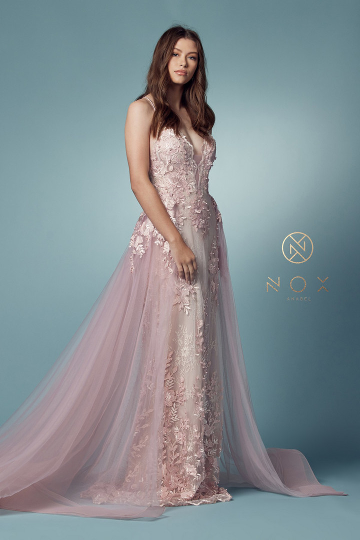 Nox Anabel F485 Lace Beaded Embroidered Overskirt Prom Gown