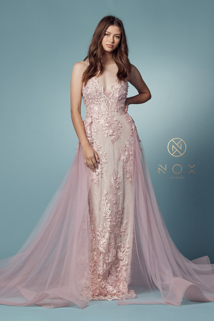 Nox Anabel F485 Lace Beaded Embroidered Overskirt Prom Gown