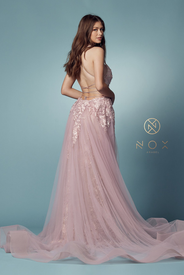 Nox Anabel F485 Lace Beaded Embroidered Overskirt Prom Gown