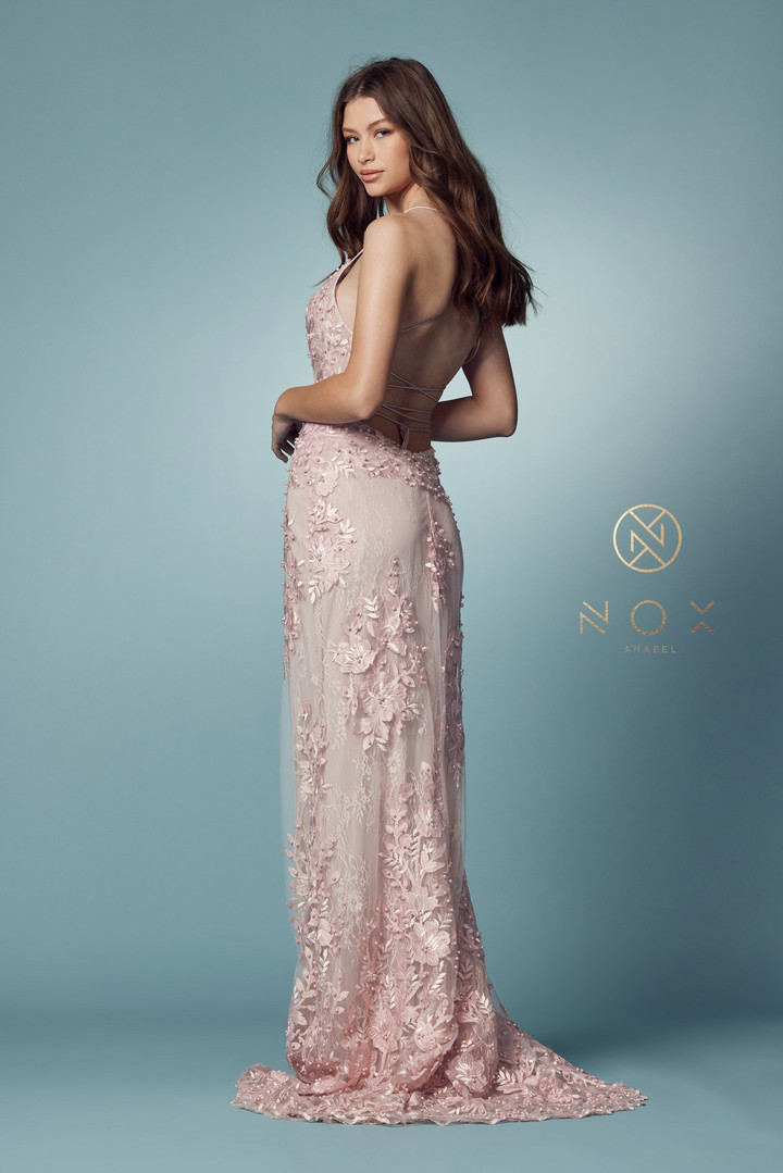 Nox Anabel F485 Lace Beaded Embroidered Overskirt Prom Gown