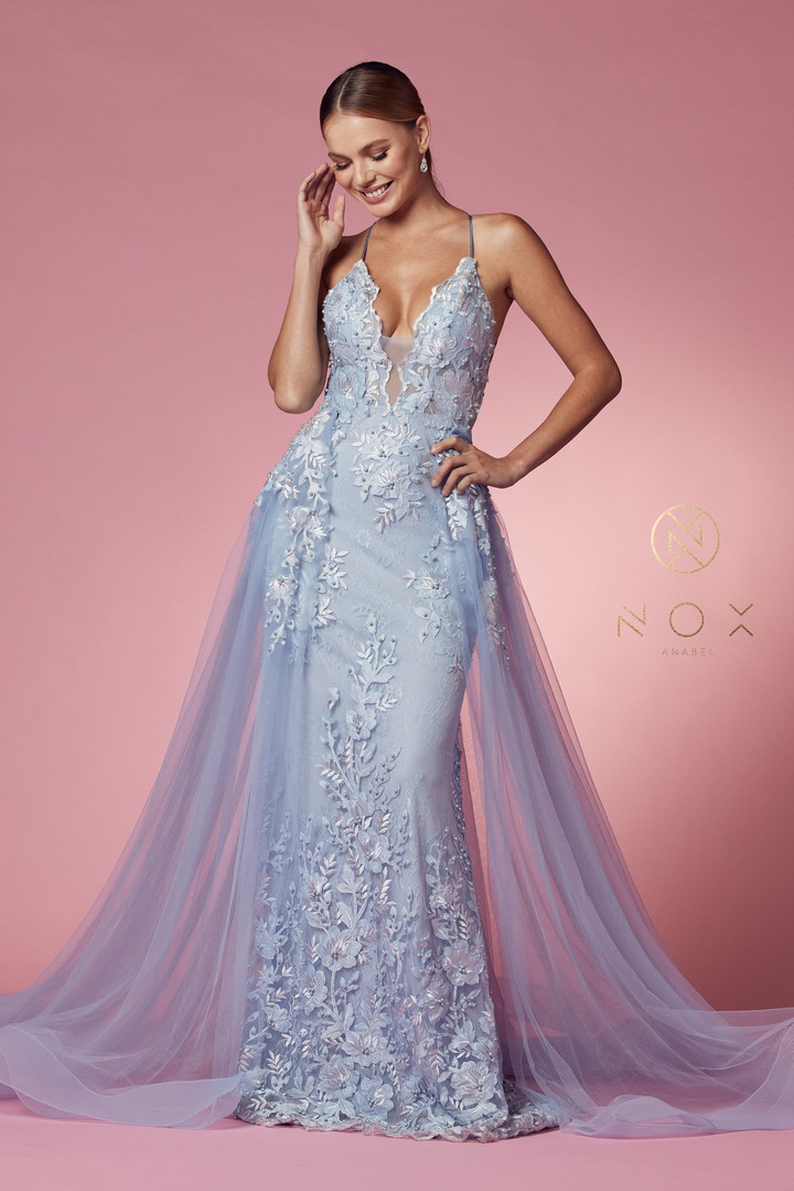 Nox Anabel F485 Lace Beaded Embroidered Overskirt Prom Gown
