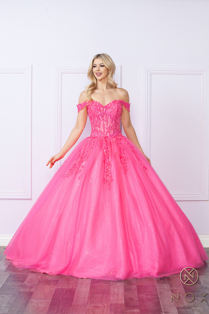 Nox Anabel H1349 Embroidered Off-shoulder V-neck Ball Gown