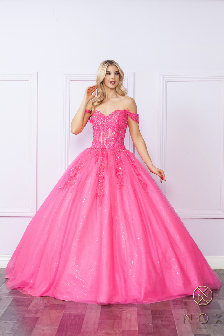 Nox Anabel H1349 Embroidered Off-shoulder V-neck Ball Gown
