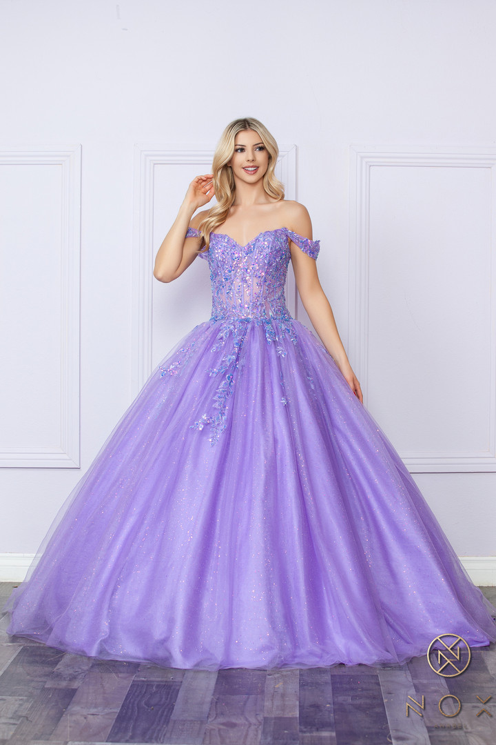 Nox Anabel H1349 Embroidered Off-shoulder V-neck Ball Gown