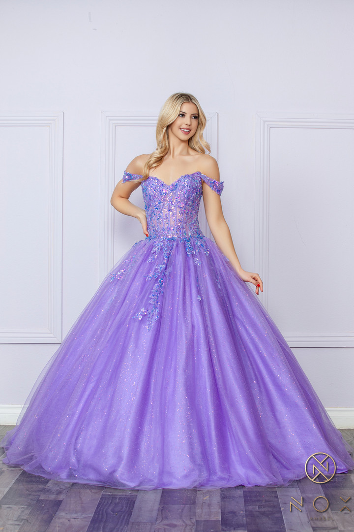 Nox Anabel H1349 Embroidered Off-shoulder V-neck Ball Gown