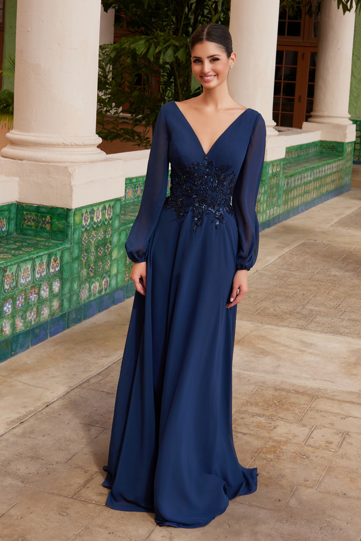 Nox Anabel ME128 Flowing Chiffon V-neck Long Sleeve Dress