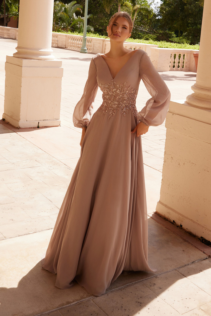 Nox Anabel ME128 Flowing Chiffon V-neck Long Sleeve Dress