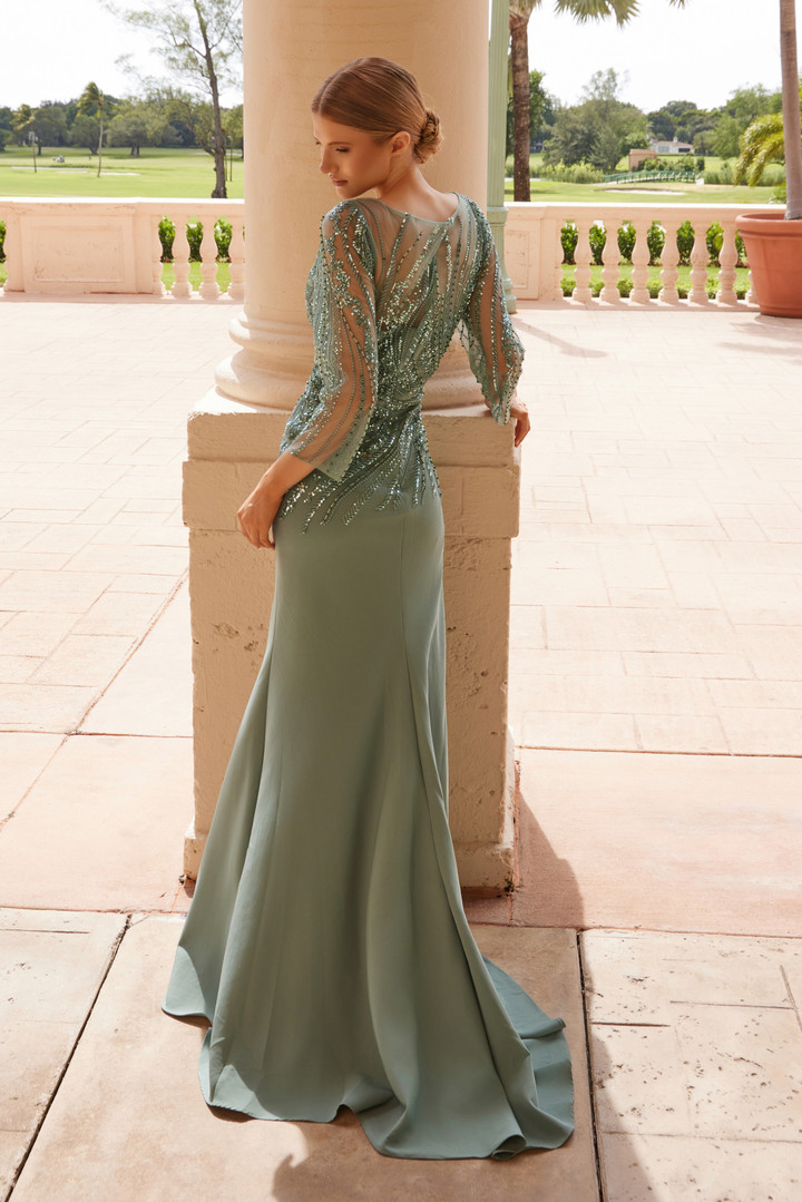 Nox Anabel MH137 Stretch Satin Beaded Long Sleeves Dress