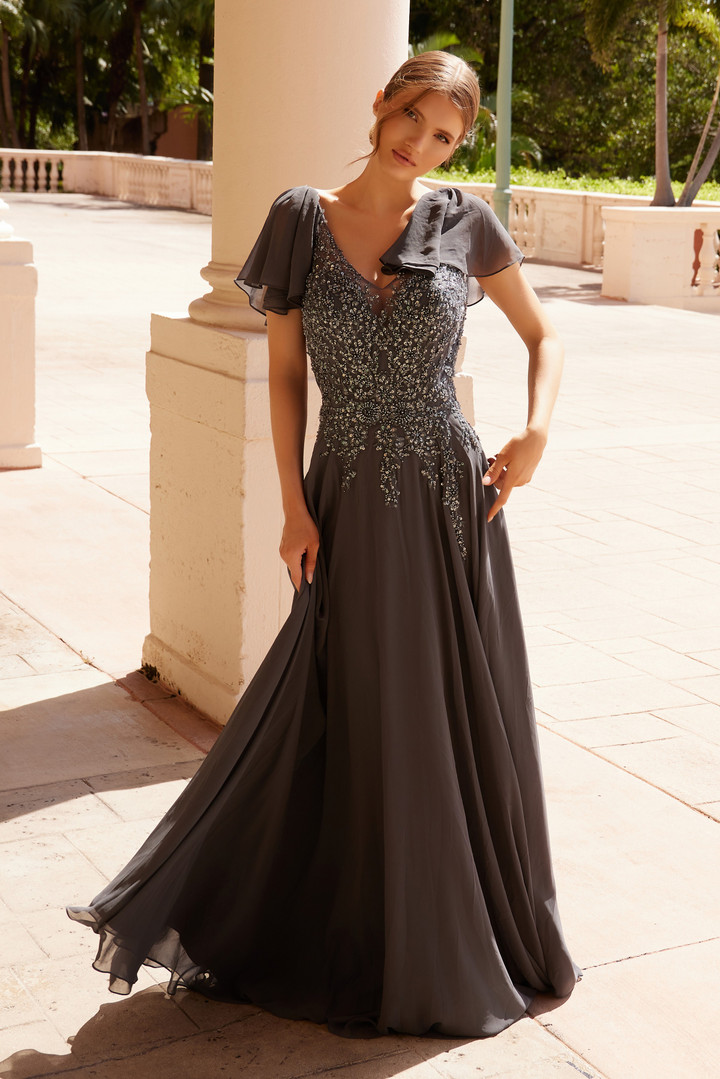 Nox Anabel MJ132 Chiffon Draped Sleeves V-neckline Dress