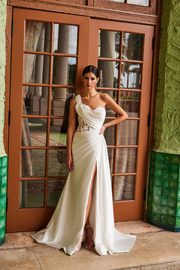 Nox Anabel E1526 Stretch Satin One Shoulder Wedding Dress