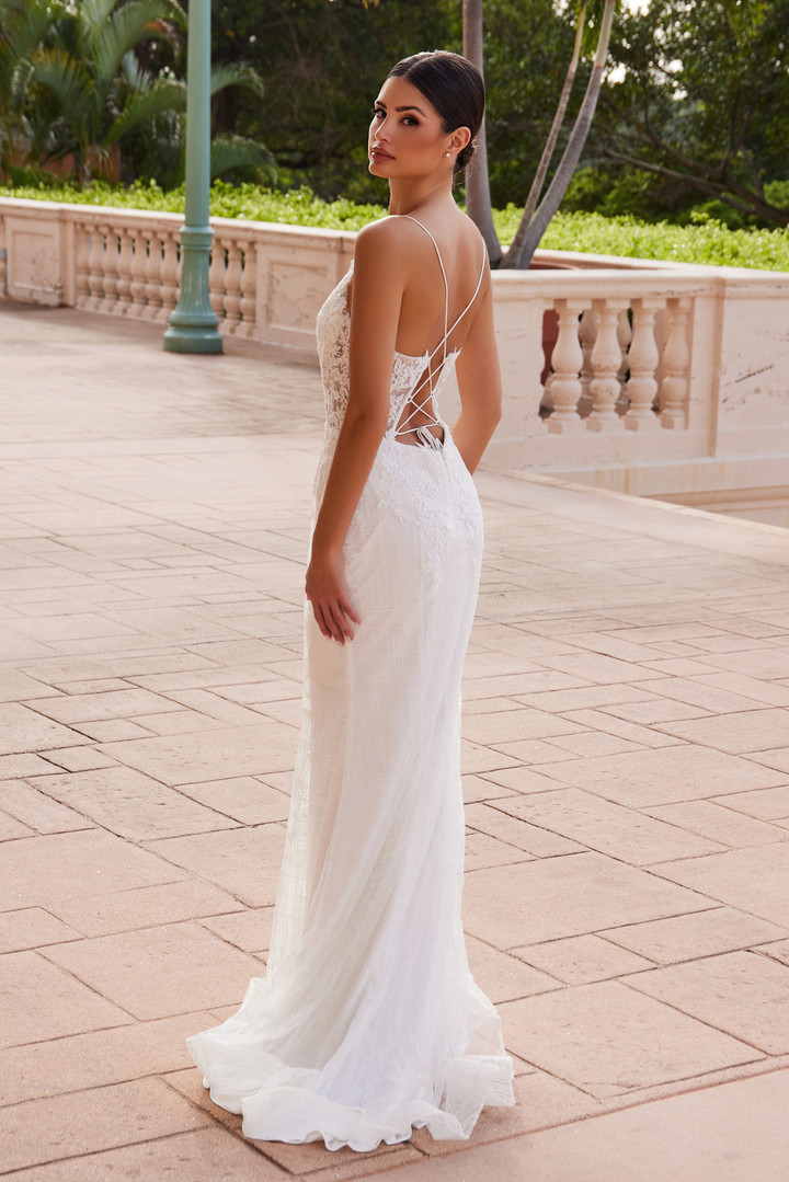 Nox Anabel R282-1W Embroidered Plunged Neck Wedding Gown