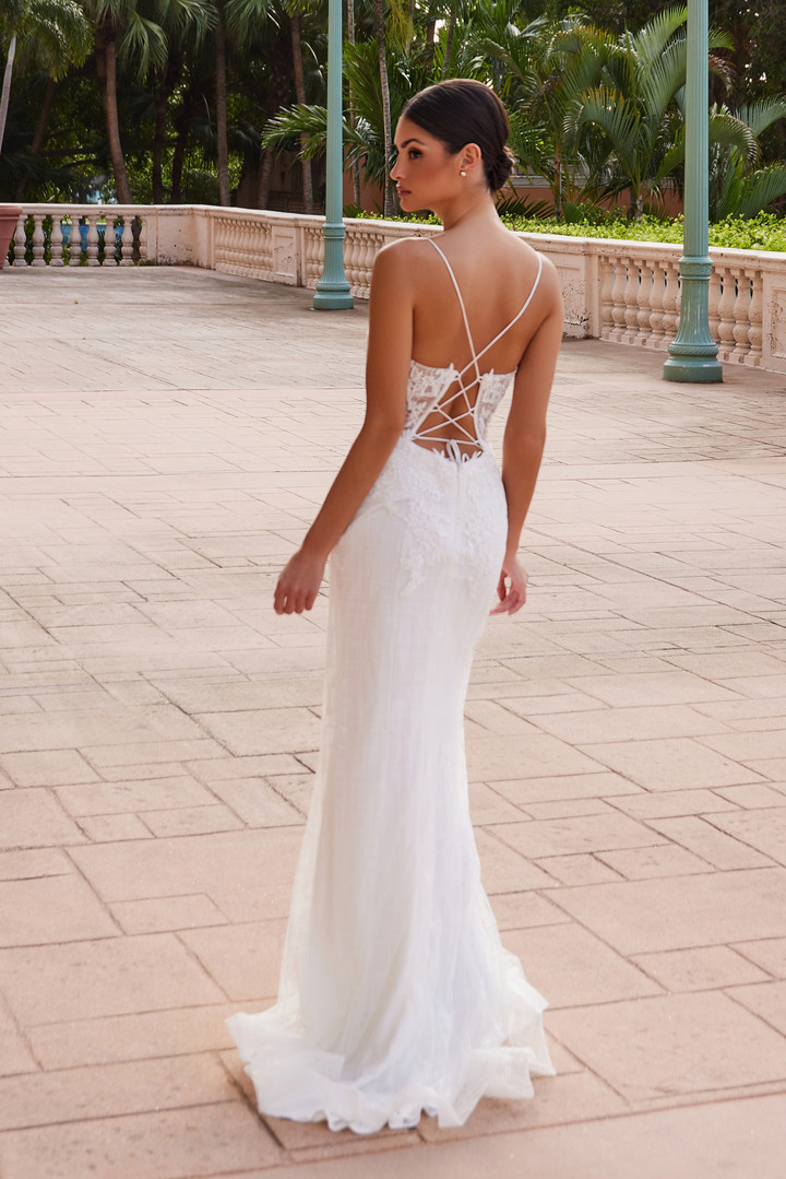 Nox Anabel R282-1W Embroidered Plunged Neck Wedding Gown