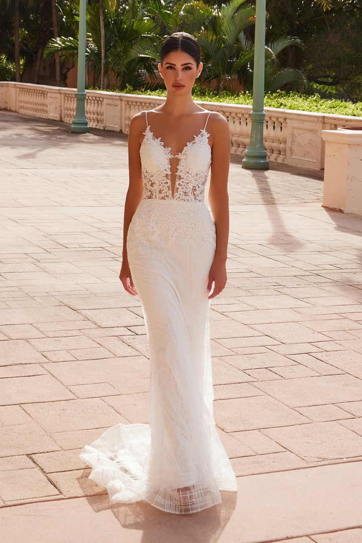 Nox Anabel R282-1W Embroidered Plunged Neck Wedding Gown