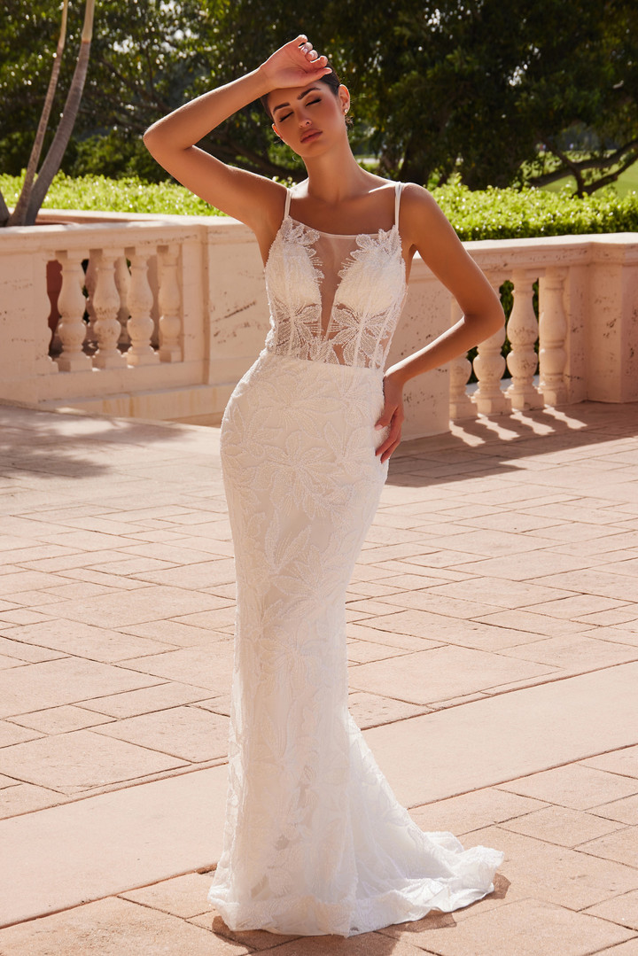 Nox Anabel C1628W Beaded Floral Sleeveless Wedding Dress