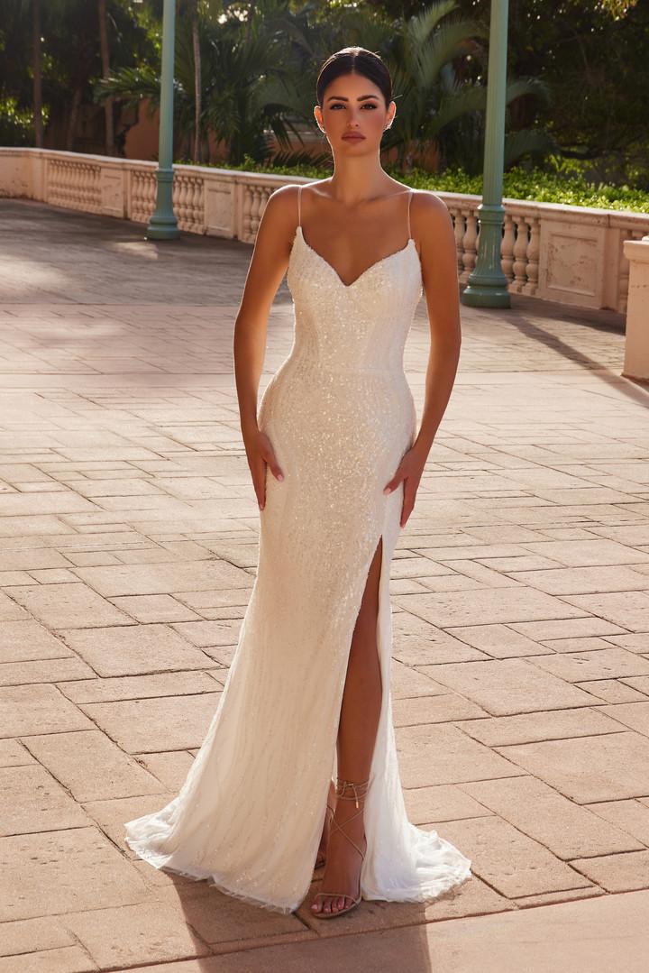 Nox Anabel E1535W Sequin Tulle Embellished Long Wedding Gown