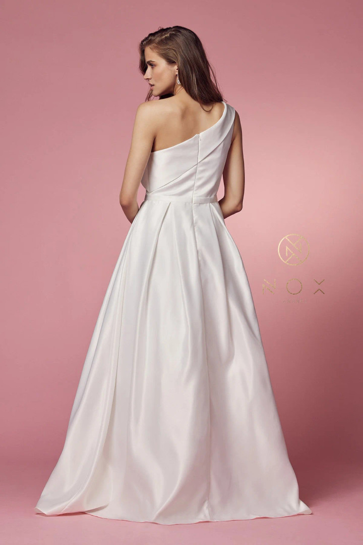 Nox Anabel E469 Satin One Fold-Over Shoulder Wedding Gown