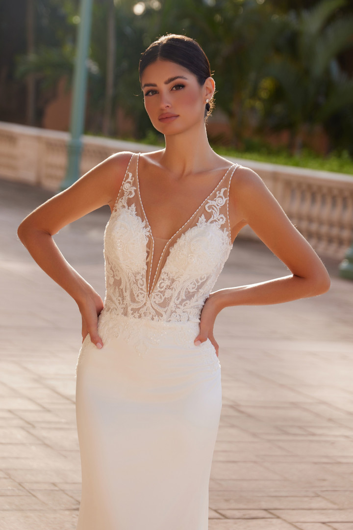 Nox Anabel JE1022L Satin Deep V-neck Sleeveless Wedding Gown