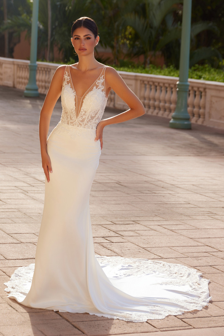 Nox Anabel JE1022L Satin Deep V-neck Sleeveless Wedding Gown