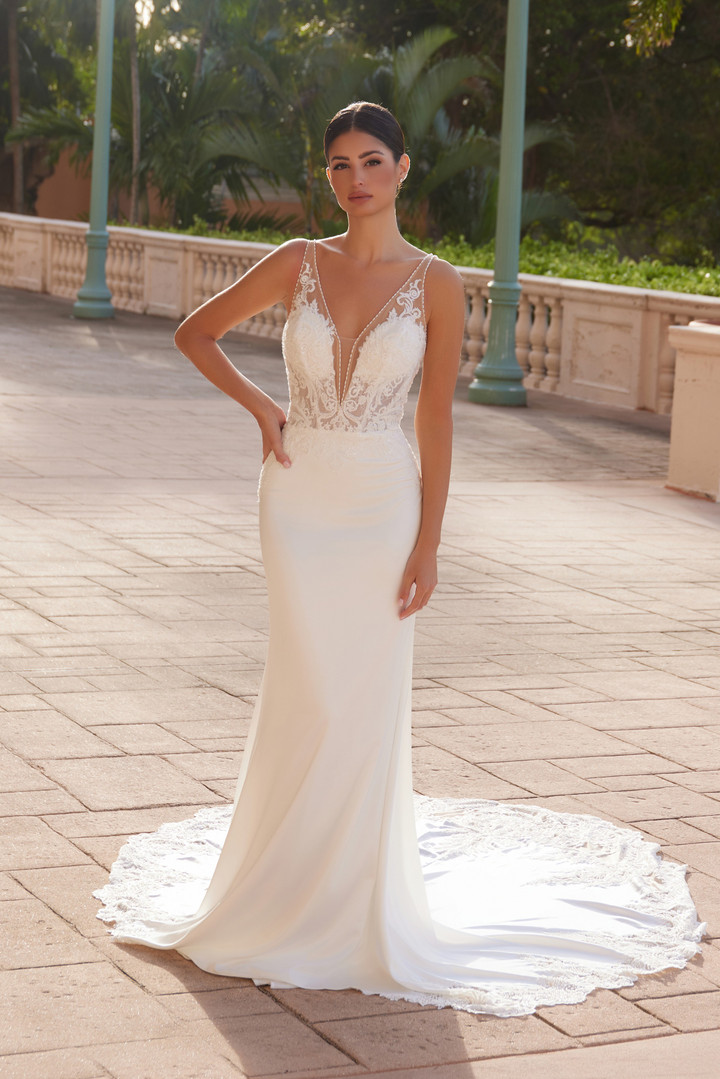 Nox Anabel JE1022L Satin Deep V-neck Sleeveless Wedding Gown