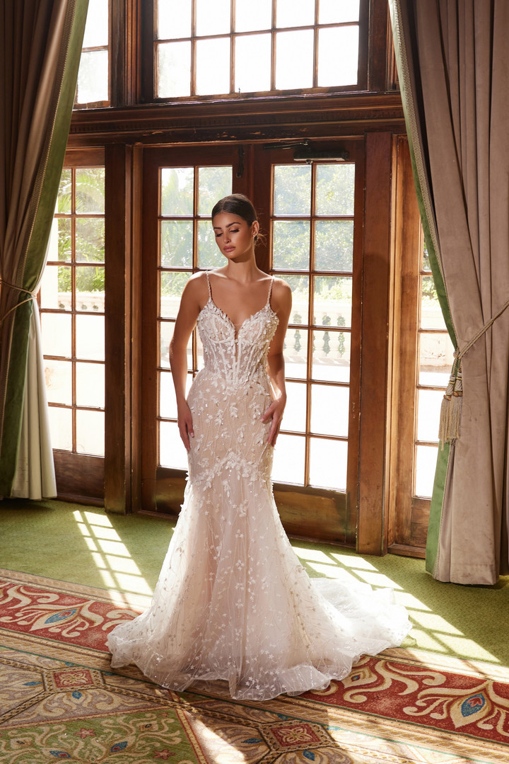 Nox Anabel JE1023L Flower Embroidery V-neck Wedding Dress