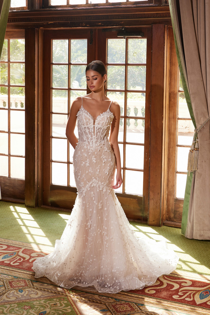 Nox Anabel JE1023L Flower Embroidery V-neck Wedding Dress