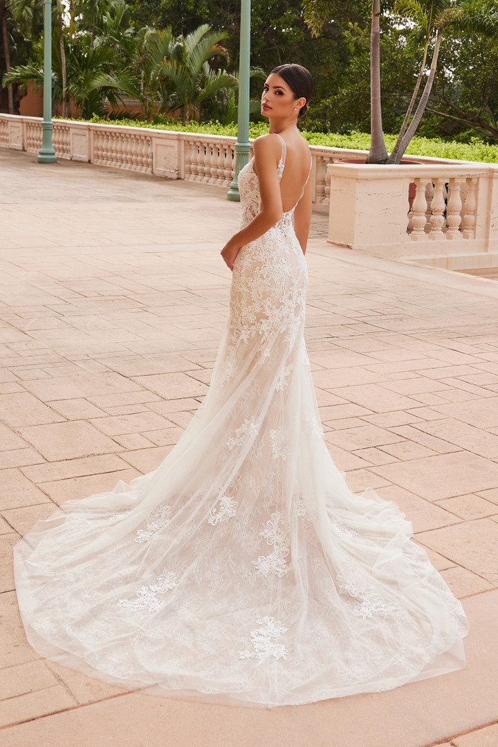 Nox Anabel H493 Tulle Laced Plunging V-neckline Wedding Gown