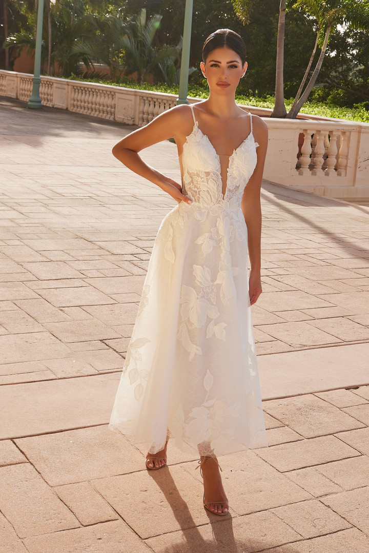 Nox Anabel JE1027 Tulle V-neckline Tea Length Wedding Dress