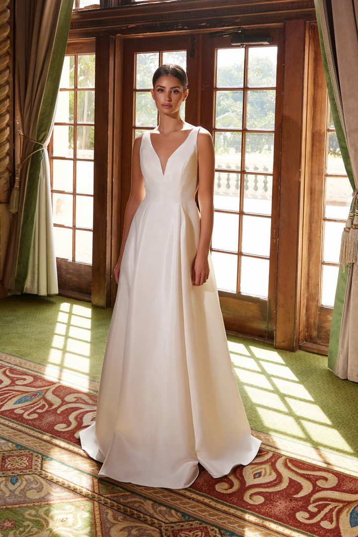 Nox Anabel E156W Plunging V-neck Sleeveless Wedding Gown