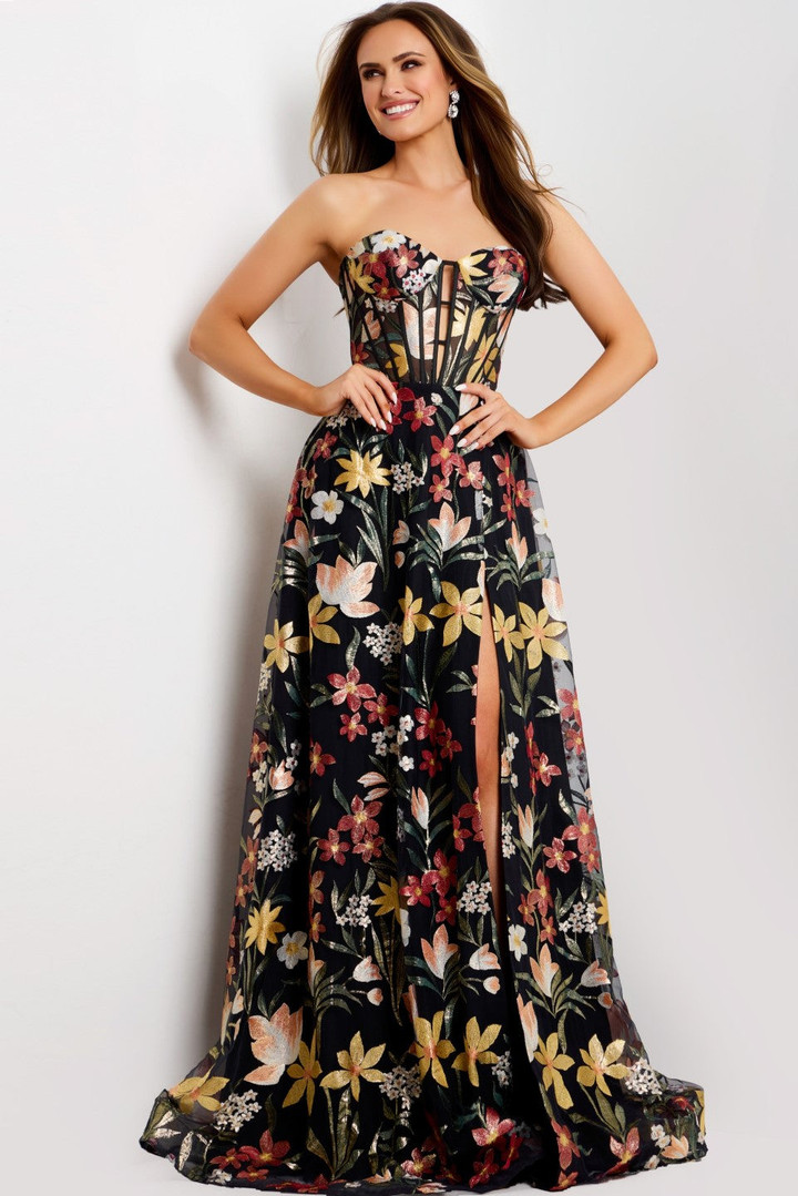 Jovani 44660 Floral Sweetheart Neck Strapless Evening Gown