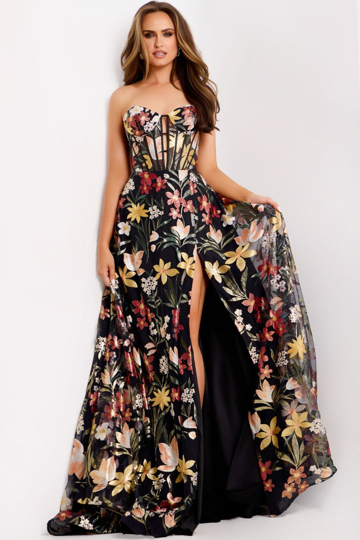 Jovani 44660 Floral Sweetheart Neck Strapless Evening Gown