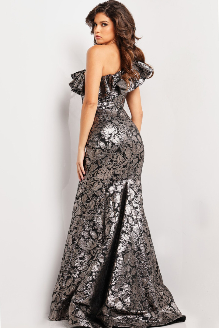 Jovani 25676 Jacquard Sequin Ruffles One-Shoulder Long Dress