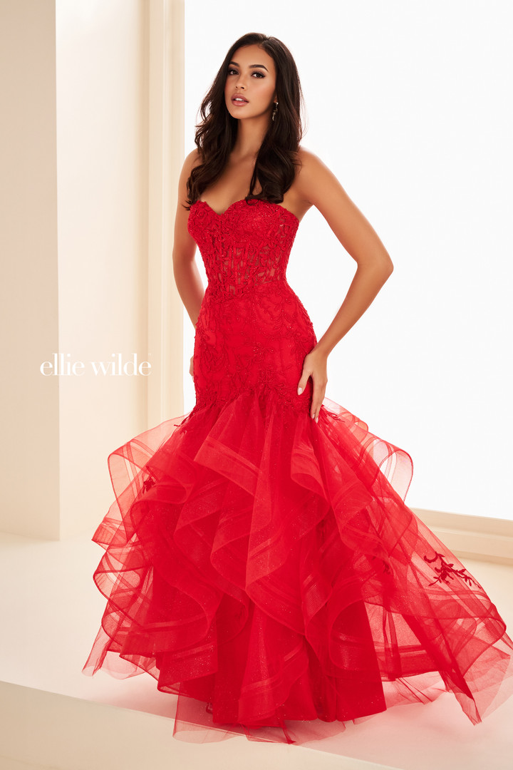 Ellie Wilde by Mon Cheri EW37113 Lace Tulle Strapless Dress