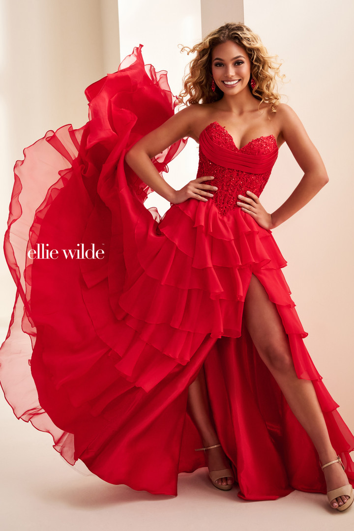 Ellie Wilde by Mon Cheri EW37115 Satin Lace Strapless Dress Ellie Wilde by Mon Cheri EW37115 Satin Lace Strapless Dress