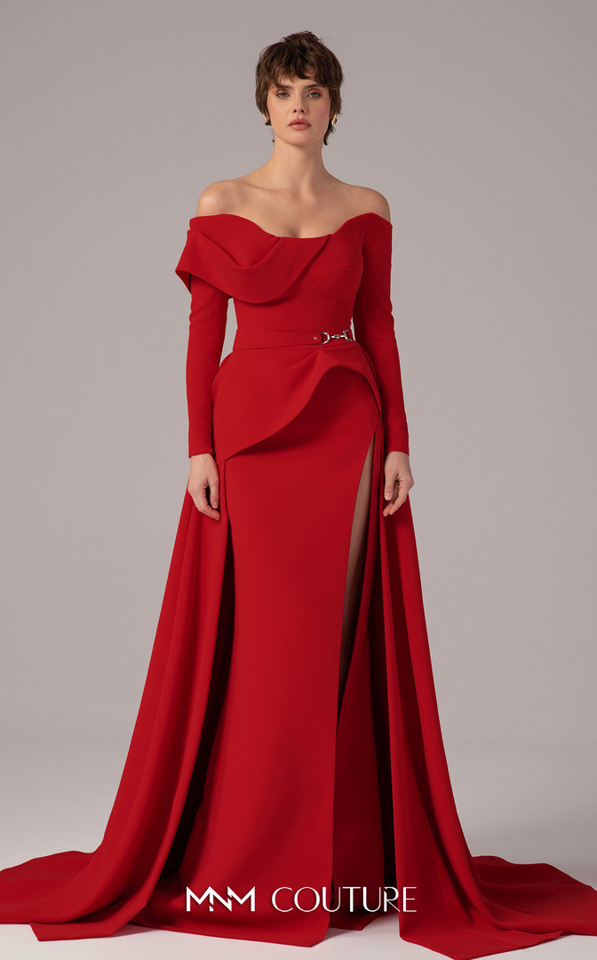 MNM Couture E0099 Crepe Off Shoulder Long Sleeves Long Dress